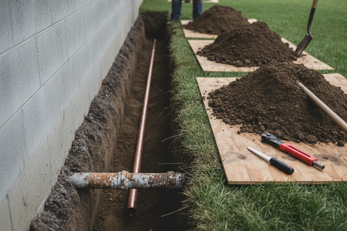 Excavated water line trench during Water Softener Installation in Pacific Grove